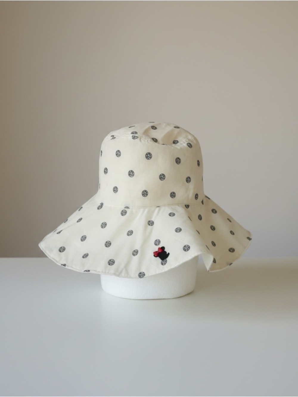 Disney Parks Adult Floppy Hat Cream Sun Hat with Black Polka Dots and Minnie Bow